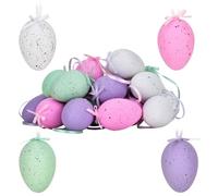 Lot de 24 œufs de Pâques en plastique avec rubans, décoration de Pâques parfaite à suspendre en plein air, 4 couleurs, rose, violet, blanc, vert clair, 6 de chaque couleur, 6 cm x 4 cm