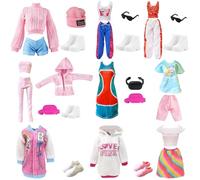 Lot de 24 vêtements et Accessoires compatibles avec Barbie, Comprend 1 survêtement, 3 Ensembles à Manches Courtes, 1 débardeur, 10 Chaussures, 8 Accessoires de Style aléatoire pour 30cm poupées