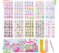 Lot de 240 faux ongles à coller pour enfants, pré-collés couverture complète,courts,sans décoloration stables à coller rapidement, mignons,pour filles,décoration d'ongles pour enfants(licorne rêveuse)