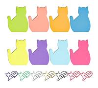 Lot de 240 notes autocollantes en forme de chat avec 7 trombones en forme de chat, notes d'animaux de dessin animé, notes de bureau colorées, convient pour les bureaux et les familles