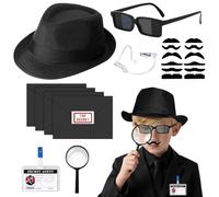 Lot de 25 accessoires de costume d'agent noir avec chapeau, lunettes de soleil, loupe, badge, moustache, oreillette, enveloppes, autocollants pour adultes, Halloween, fête costumée