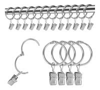 Lot de 25 anneaux de rideau en métal avec clips - Pour fenêtre, porte, rideau de douche - Diamètre intérieur : 32 mm - Argenté