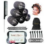 Lot de 25 bigoudis à cheveux - 6 rouleaux extra larges de 76 mm avec 6 clips, 10 poignées, peigne, tresse et sac de rangement - Gros rouleaux à cheveux et rouleau à franges pour volume, franges