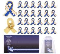 Lot de 25 broches funéraires en forme de lys avec ruban bleu - Décorations cadeaux avec cartes poèmes et sacs en organza - Cadeau commémoratif pour les proches