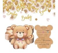Lot de 25 cartes de jeu de baby shower - 100 confettis - Motif ours de bébé - Avec cartes de jeu de devinettes - Décoration de révélation de genre - Imprimé des deux côtés - Jeux de fête prénatale