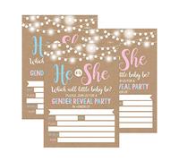 Lot de 25 cartes d'invitation rustiques pour fête prénatale - Kraft rose ou bleu - He She personnalisées pour homme neutre - Invitations unisexes - Guess If It's a Boy or Girl - Remplissez le paquet d'invitation vierge imprimable