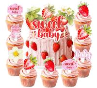 Lot de 25 décorations de cupcakes en forme de fraise pour fête prénatale avec inscription « A Berry Sweet Baby Is On The Way » pour fête prénatale