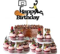 Lot de 25 décorations de cupcakes personnalisées pour gâteaux d'anniversaire sur le thème du basket-ball - Décorations réutilisables pour garçons, filles, hommes, amateurs de basket-ball