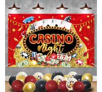 Lot de 25 décorations de fête sur le thème du casino, bannière, rouge, noir, doré, ballons en aluminium pour jeux sur le thème du poker Las Vegas, fournitures de fête de casino, 1,5 x 1 m
