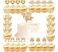 Lot de 25 décorations de gâteau « Good Luck » à paillettes dorées « We Will Miss You » - Insert de gâteau avec motifs dessus : coffret cadeau, gobelet d'amour, « Good Luck Will Miss You » pour le