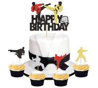 Lot de 25 décorations de gâteau Karaté Happy Birthday - Paillettes - Taekwondo - Pour enfants, garçons et adolescents - Décoration de gâteau d'anniversaire - Arts martiaux - Décoration de gâteau à