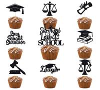 Lot de 25 décorations pour cupcakes de remise de diplôme de la faculté de droit 2025 - VARACL noir à paillettes sur le thème juridique avec capuchon de diplôme, marteau, écailles pour avocat de classe