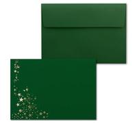 Lot de 25 enveloppes de Noël, format C6, avec pluie d'étoiles dorées et métallisées en relief, couleur : vert foncé, fermeture autocollante, 120 g/m², 114 x 162 mm