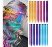 Lot de 25 extensions de cheveux à clips colorées pour filles - Cheveux lisses et tendance pour les reflets de fête (5 couleurs, bleu maca, bleu lac, rose rouge, jaune-orange, violet, bleu)