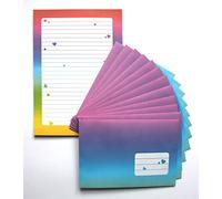Lot de 25 feuilles de papier à lettre pour fille - Format A5 ligné avec 12 enveloppes assorties - Bloc-notes avec dégradé de couleurs - Cœurs multicolores