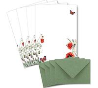 Lot de 25 feuilles de papier à lettres naturel A4 avec motif coquelicots et enveloppes C6 en papier kraft vert Papier imprimable pour invitations de mariage