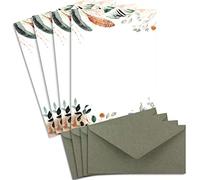 Lot de 25 feuilles de papier à lettres naturel A4 crème avec motif pot-pourri plumes/branches et enveloppes DL en papier kraft gris/vert Papier imprimable pour invitations de mariage