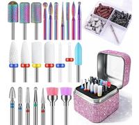 Lot de 25 forets à ongles avec support rose et 75 bandes abrasives, 3/32'' ponceuse pour ongles en carbure céramique diamant embout ponceuse ongles pour enlever le vernis à ongles en gel acrylique
