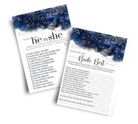 Lot de 25 jeux de fête prénuptiale bleu marine et doré avec inscription « He Said She Said » et Who Knows The Bride Best pour mariage, fiançailles, répétition - Thème floral aquarelle bleu - Cartes imprimées