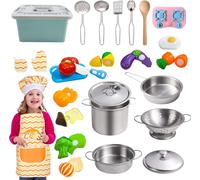 Lot De 25 Jouets Cuisine En Acier Inoxydable Avec Casseroles Et Poêles,Ustensiles De Cuisine,Tablier Et Toque De Chef,Coupe De Légumes,Jouets De Cuisine Et Jouets Alimentaires