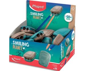 Lot de 25 MAPED Taille-Crayons 2 trous Smiling Planet composé à 50% de fibres de bois FSC,vendu en présentoir de 25