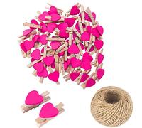 Lot de 25 mini pinces à linge en bois en forme de cœur rouge rosé, petites pinces à linge multicolores, clips photo 3 cm, petites épingles à linge avec ficelle pour affichage de photos, bricolage