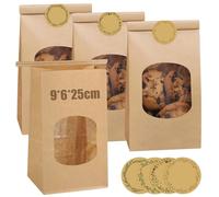 Lot de 25 petits sacs à biscuits avec fenêtre, sacs en papier marron avec clips de fermeture, sacs en papier kraft, sacs à pâtisserie, petits sacs à pain, sacs à pain en papier pour pâtisseries, sacs