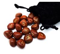 Lot de 25 pierres précieuses de guérison Elder Futhark - Jaspe rouge - Environ 20 mm dans une pochette en velours - Mythologie viking ésotérisme, méditation, magie (jaspe rouge gravé doré)