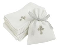 Lot de 25 Pochettes en Tissu Blanc Croix Dorée + Ficelle - Sachets à Dragées, Cadeaux Invités Baptême Naissance- Contenant Bijoux, Bonbons, Souvenirs - Élégant et Réutilisable (Blanc Agent)
