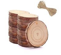 Lot de 25 rondin de bois naturel rond bois pour travaux manuels, petits cercles en bois brut avec trou et ficelle pour loisirs créatifs, décorations de Noël, 6 à 8 cm