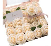 Lot de 25 roses artificielles en mousse au toucher réaliste avec tiges, pour bouquets de mariage, gâteaux, pierres tombales, centres de table (jaune crème)