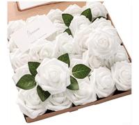 Lot de 25 roses artificielles en mousse au toucher réaliste avec tiges, pour bouquets de mariage, gâteaux, pierres tombales, centres de table (blanc)