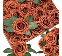 Lot de 25 roses artificielles en mousse orange brûlé avec tiges - 8 feuilles - Roses artificielles en terre cuite d'aspect réaliste pour bouquets de mariage, centres de table, arrangements de table,