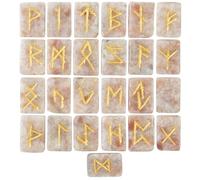 Lot de 25 runes en pierre de soleil rectangulaire avec alphabet Futhark gravé - Ensemble de runes en cristal de divination métaphysique - Guérison - Chakra Reiki - Avec pochette - Taille : 20-25 mm