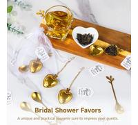 Lot de 25 sachets en organza avec infuseurs à thé en forme de cœur, cuillères à feuilles, cartes de remerciement, sacs en organza pour invités de mariage
