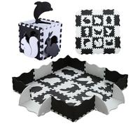 Lot de 25 tapis de jeu carrés emboîtables en mousse pour enfants avec clôture, animaux noirs