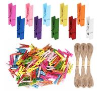 Lot de 250 Mini Pinces en Bois Colorées 35MM Petites Epingle a Linge avec Bobine de Ficelle de Jute de 30M, Photo Clip Pince Décoratif pour Accrocher Photos, Postkarten, Vêtements, Décoration DIY