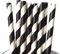 Lot de 250 pailles en papier à rayures noires et blanches 200 x 6 mm