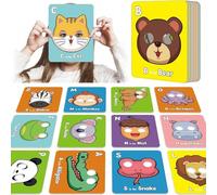 Lot de 26 cartes de l'alphabet ABC avec masques d'animaux, jeux éducatifs interactifs, apprentissage des lettres, phrases en anglais (26 pièces, taille unique)