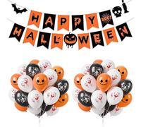 Lot de 26 décorations de fête d'Halloween avec bannière « Happy Halloween », ballons squelettes noirs et blancs de 30,5 cm, ballons fantômes oranges pour intérieur et maison