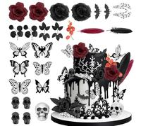 Lot de 26 décorations de gâteaux gothiques noires avec rose rouge et noire, crâne, papillon pour anniversaire, mariage, Halloween