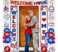 Lot de 26 décorations de maison - Rouge, blanc, bleu - Bannière de porche « We Miss You So Much » - Ballons tourbillons pour le retour de l'armée militaire - Retrouvailles de famille