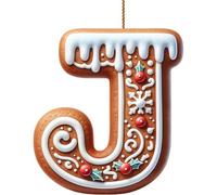 Lot de 26 décorations de Noël en pain d'épices pour sapin de Noël, sucre d'orge, lettres initiales avec motif de baies, décorations de Noël à suspendre pour décoration de 2025 (J)