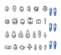Lot de 26 pierres strass argentées pour ongles, forme géométrique, ovale, forme carrée, en forme de goutte d'eau, transparents, en alliage de métal, breloques 3D, pour décoration d'ongles