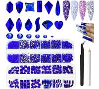 Lot de 2680 pierres précieuses pour ongles - Bleu roi - Multiformes - Verre bleu marine - Grandes pierres précieuses avec perles rondes bling-flatback - Strass transparents pour décoration du visage