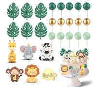 Lot de 27 décorations de gâteau en forme d'animal de safari avec boule - Décorations de gâteau sur le thème de la jungle sauvage pour anniversaire, fête prénatale, garçon et fille