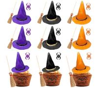 Lot de 27 décorations de gâteaux sur le thème de la sorcière d'Halloween, mini chapeaux de sorcière, bâtons de balai et anneaux d'araignée pour décorations de cupcakes, fournitures de fête de sorcière