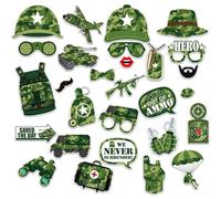 Lot de 28 accessoires de photomaton de camouflage pour décoration de fête militaire, fournitures d'anniversaire de l'armée, accessoires photo sur le thème des soldats pour fête d'anciens combattants