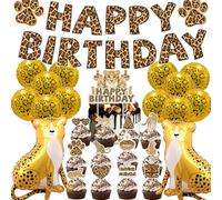 Lot de 28 décorations d'anniversaire guépard - Motif léopard - Décoration d'anniversaire - Ballons - Décoration de gâteau - Bannière de cupcake - Convient pour les fêtes prénatales et les fêtes
