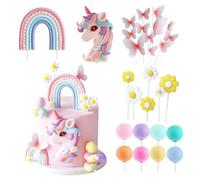 Lot de 28 décorations de gâteau d'anniversaire licorne avec papillons arc-en-ciel, marguerites, macarons, ballons, décoration de gâteau pour fille et garçon